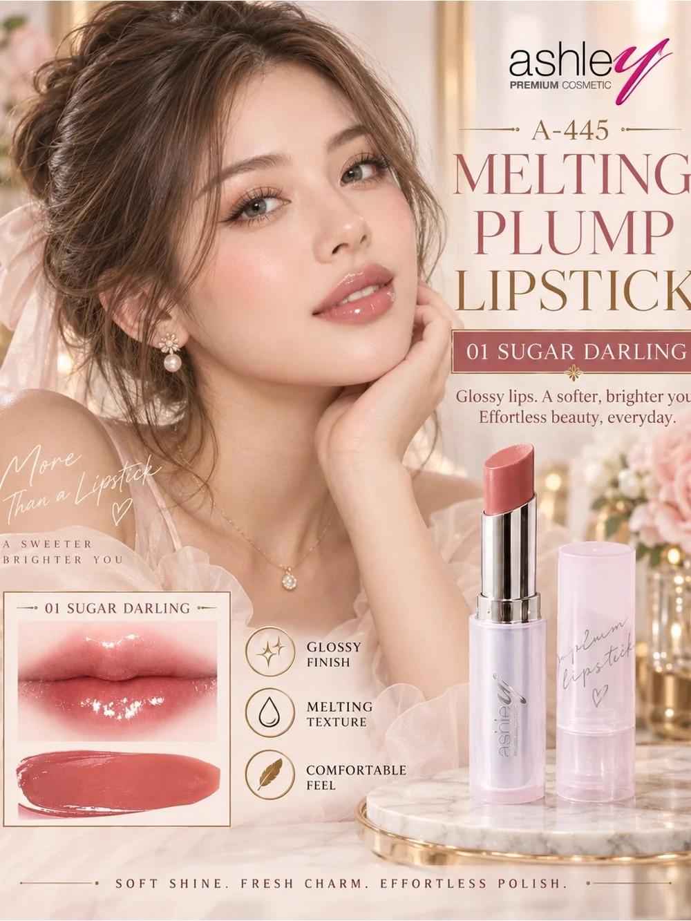 Ashley A-445 Melting Plump Lipstick 01 Sugar Darling | Thai T-Beauty